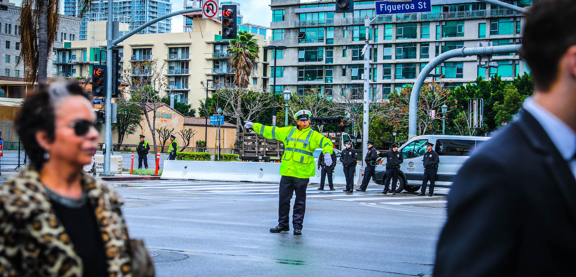 traffic officer and pedestrians