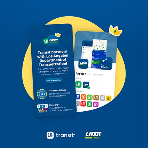 Transit App with blue background in cellphone shape promoting LADOT Transit App 