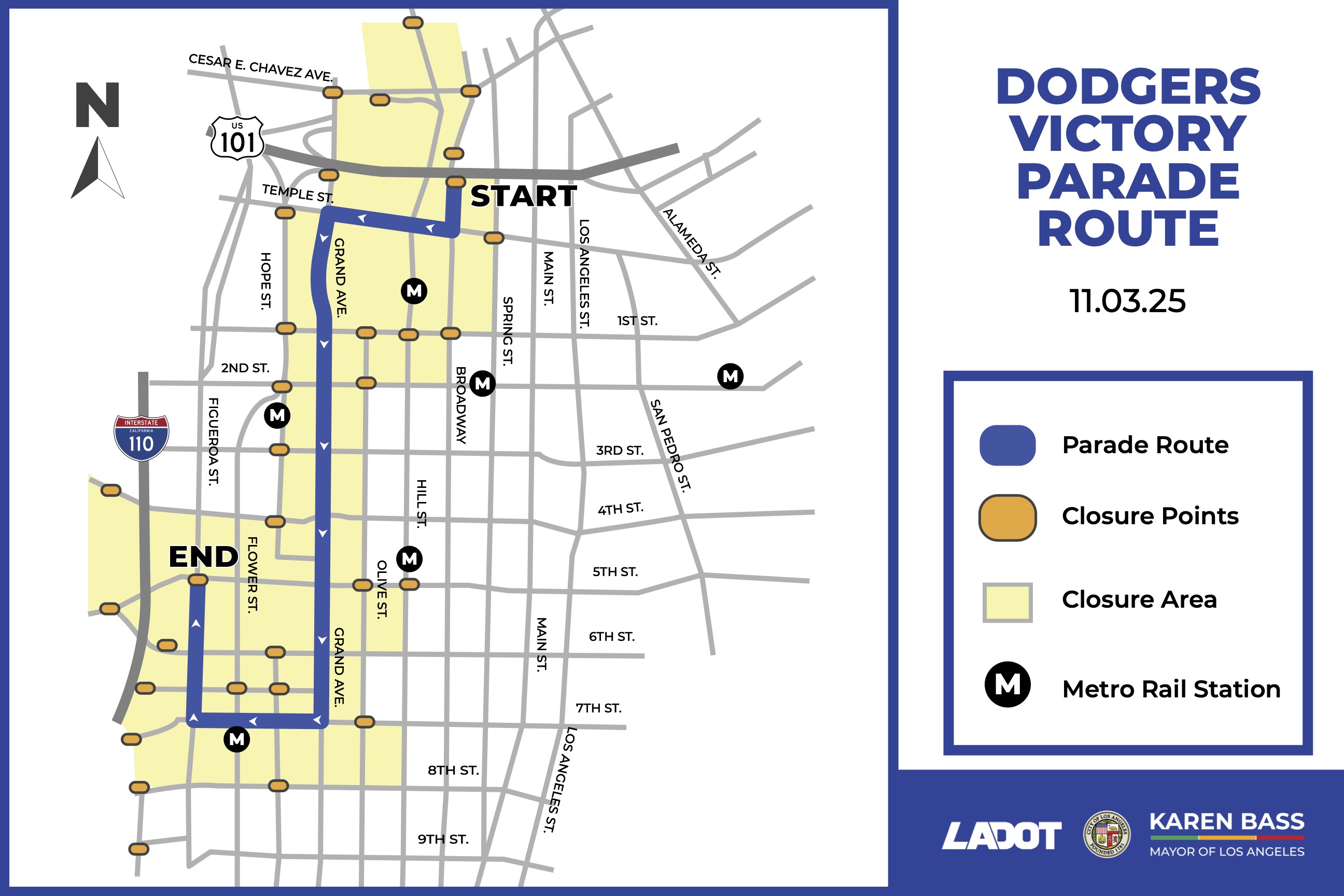 Map showing parade route in blue and road closure zone in yellow for the 2025 Dodgers World Series Victory Parade