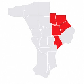 Map of Los Angeles with the Eastside Communities Equity Priority Area highlighted, spanning Council Districts 1, 9, 13, and 14