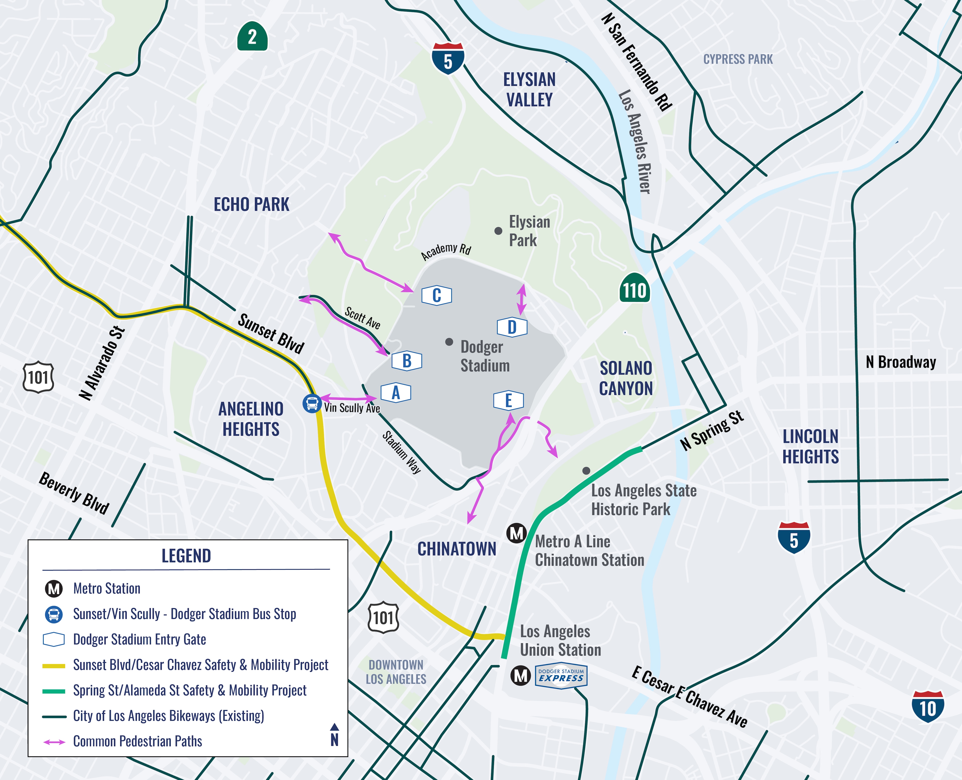 A map showing LADOT Dodger Stadium bicycle and pedestrian paths