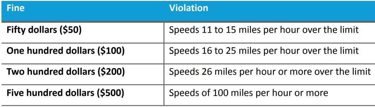Table showing Fine and Speed Violation